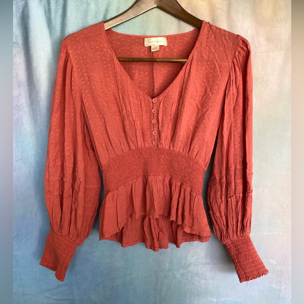 BAND OF GYPSIES Coral Pink Bohemian Smocked Patterned Flowy Long Sleeve Blouse
